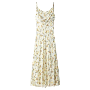 Elegant Floral Print Satin Cami Midi Dress For Women Cowl Neck Sleeveless Adjustable Strap Summer Vacation A-Line Dress