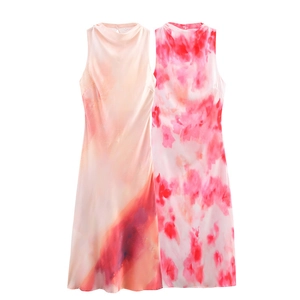 Women Elegant Satin Tie Dye Midi Dress Sleeveless Round Neck Abstract Water Ink Print Summer Casual Commuting Party Dress