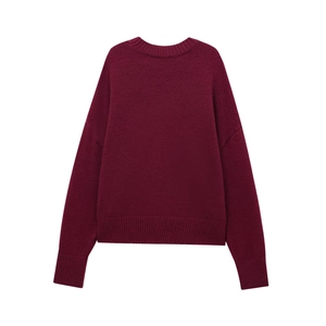 Detailed back view of a burgundy crewneck sweater featuring ribbed cuffs and drop shoulders