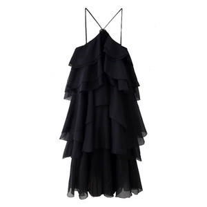 Elegant black layered ruffle halter dress with thin cross straps for spring fashion