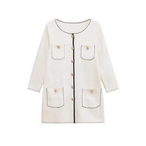 Cardigan en Maille Vintage Élégant pour Femmes Bordure Contrastée Col Rond Manches Longues Quatre Poches Boutons Dorés Manteau