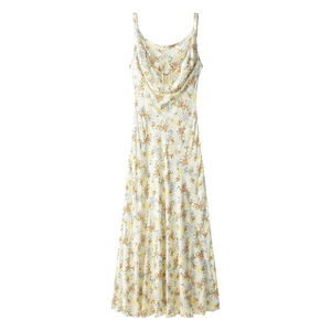 Detail view of floral satin dress featuring a cowl neck and decorative chest lacing