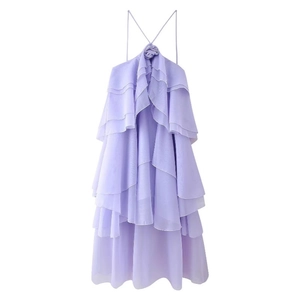 Chic lavender halter neck ruffle dress with floral detail and backless design for women