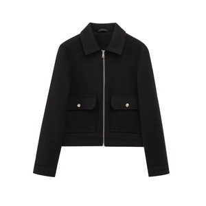 Detail of black wool-blend cropped jacket featuring silver zipper and flap pockets