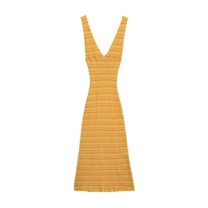 Slim-fit yellow knit midi dress with orange stripes and V-neckline in a casual sleeveless style