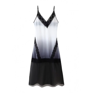 Lace拼接 ombre slip dress with deep V-neck and gradient black and white design