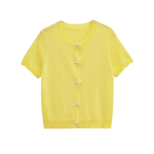 Women's Elegant Short Sleeve Knit Cardigan Round Neck Yellow Sweater Top With Decorative Artificial Pearl Bows Slim Fit Casual Wear