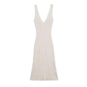 Elegant ivory ribbed knit sleeveless V-neck slim midi dress for early spring