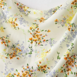 Floral print satin dress in cream white with orange and purple flowers for women
