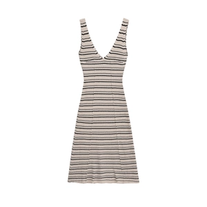 Sleeveless V-neck knit dress with black horizontal stripes on a beige ribbed fabric base