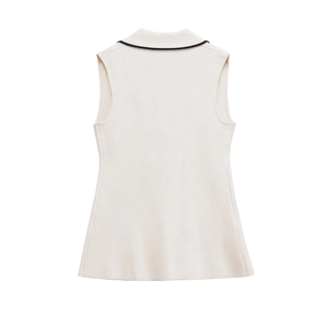 Sleeveless knit polo top in cream with navy contrast trim and ribbed texture, back view