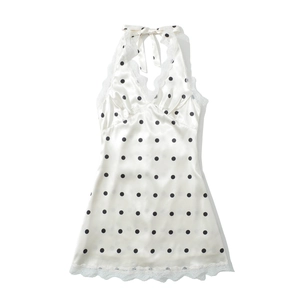 Weißes Seidenkleid mit Polka Dots, Spitzenbesatz und Nackenschleife für Damen