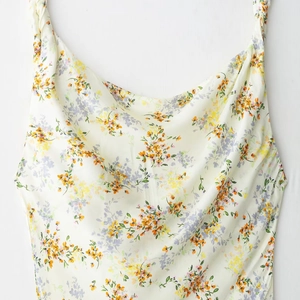 Floral print satin slip dress with cowl neck and spaghetti straps in off-white