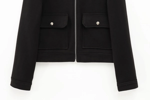 Detail of black wool jacket featuring silver metal zipper and symmetrical flap pockets
