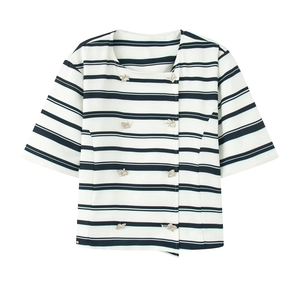 Women's white striped short-sleeve jacket with silver star buttons in a flat lay view