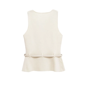 Women's cream sleeveless knit peplum vest featuring a matching slim belt and ruffled hem