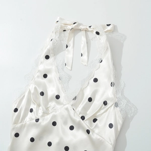 Halter-Kleid aus Satin mit Polka-Dots, weißem Spitzenbesatz und Bindeband hinten