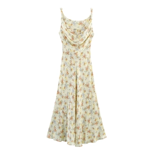 Floral print satin slip dress in off-white with delicate adjustable spaghetti straps