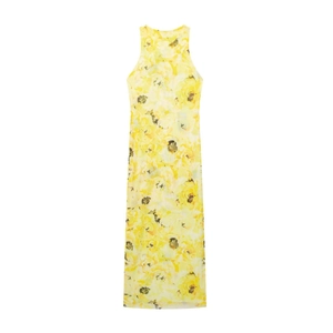 Women's Sexy Yellow Floral Print Mesh Maxi Dress Sleeveless Round Neck Racerback Bodycon Summer Vacation Long Dress