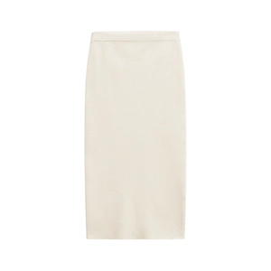 Chic cream white sleeveless knit top and high waist midi skirt set with a matching belt