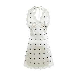 Elegantes weißes Neckholderkleid mit Polka Dots, Spitzenbesatz und Satin-Finish für Damen