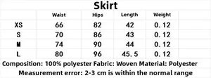 Detailed size chart for the women skirt with waist, hip and length measurements in cm