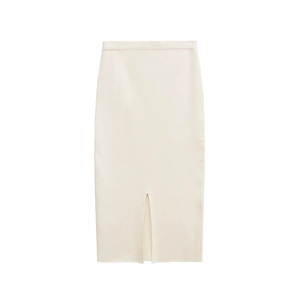 Elegant cream knit midi skirt featuring high waist design and front slit detail