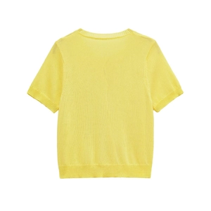 Bright yellow short sleeve knit sweater with pearl bow design and ribbed crewneck