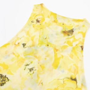 Summer yellow floral mesh sleeveless dress with vibrant flower print and breathable texture