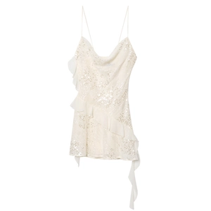 White sequin mini dress with cowl neck, spaghetti straps and chiffon ruffles