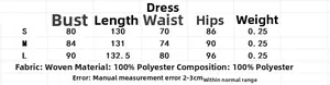 Tableau des tailles pour robe en satin imprimé avec mesures précises du buste et de la taille