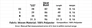 Detailed size chart for women's vest and shorts set showing XS to L measurements in cm