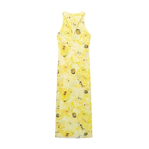 Women's summer yellow floral sleeveless maxi dress with a stylish criss-cross open back design