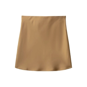 Flat lay of a khaki A-line skirt with smooth drape and clean texture on white background