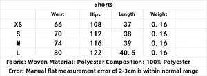 Size chart for women's sleeveless vest and shorts set with polyester fabric measurements