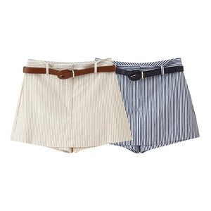 Shorts Femme Taille Haute à Rayures Avec Ceinture Décontracté Polyester Élasthanne Jupe-Culotte Élégante pour Été Bureau Quotidien