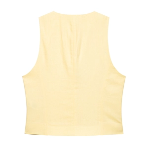 Back view of light yellow sleeveless vest in textured linen blend fabric for women