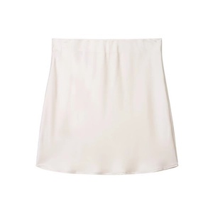 Detailed view of champagne satin A-line mini skirt with a smooth pearl-like finish