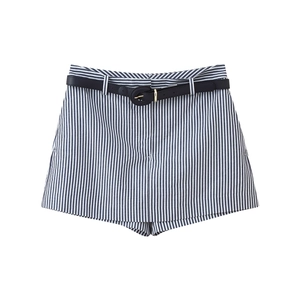 Short décontracté pour femme 2025 rayé bleu et blanc avec ceinture en cuir et boucle dorée