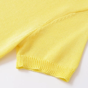 Short sleeve detail of lemon yellow pearl bow knit top for women's spring fashion