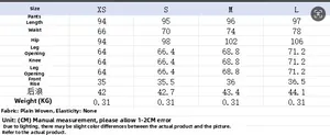 Detailed size chart for women's wide leg denim trousers with precise measurements