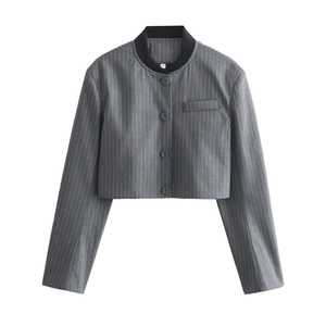 Short grey pinstripe jacket for women with single-breasted buttons and ribbed collar