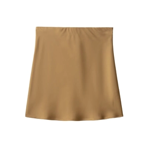 Elegant khaki A-line satin midi skirt with smooth silk texture and waist pleat detail