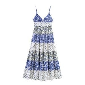 Women V Neck Spaghetti Strap Tiered Patchwork Print Midi Dress Summer Bohemian Floral Patchwork Sleeveless A-Line Sun Dress