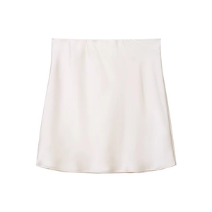Elegant off-white satin midi skirt with a smooth glossy finish and minimalist A-line cut