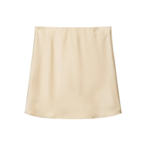 Elegant champagne satin A-line mini skirt with a high waist and lustrous silk-like finish