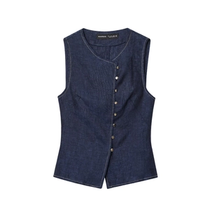 Dark blue denim vest with asymmetric buttons and round neck in high-quality fabric