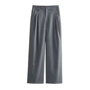 Women's high waist dark grey pinstripe wide leg trousers with a relaxed fit drape