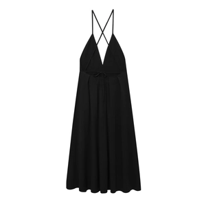 Elegant black backless dress with a deep V-neckline and criss-cross halter straps