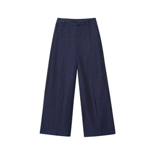 Women's vintage high waisted wide leg cotton linen trousers in navy blue flat lay